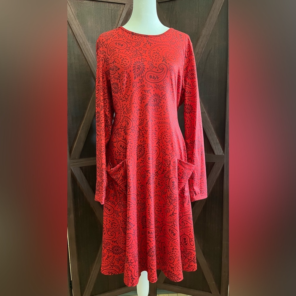 Vibrant Red Patterned Long Sleeve Dress